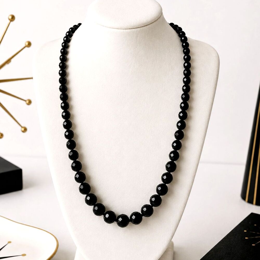 Vintage Mid Century Black Faceted Glass Bead Necklace 20" 10mm Retro